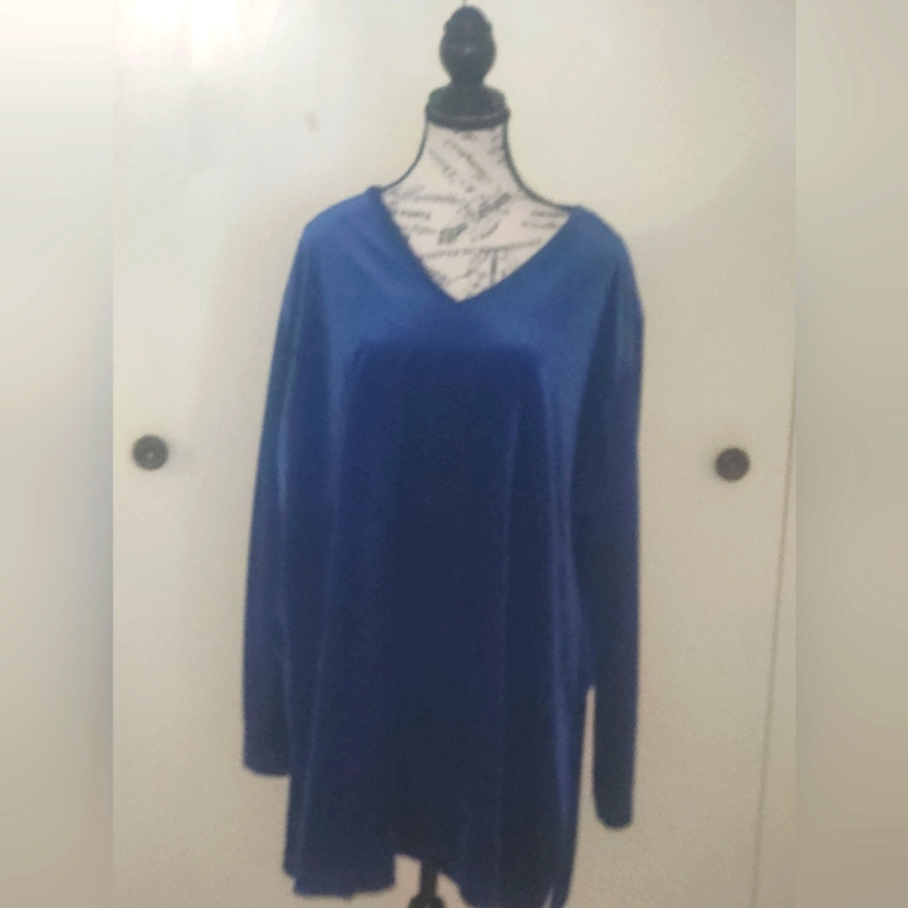 Elegant Blue V-Neck Long Sleeve Velour Top